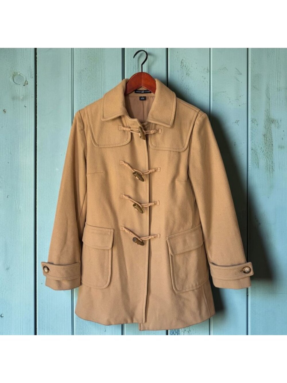 GAP Womens Small Camel Wool Blend Duffle Coat Toggle Tan Hoodless Jacket Classic